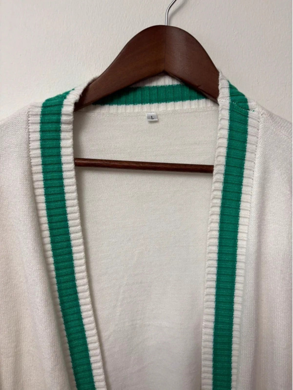 Women’s Large Ivory Green Striped Open-Front Varsity Cardigan - Picture 3 of 5